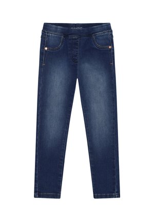 Mørkeblå slim-fit denim jeans med forlommer og kontrastsyning, designet til børn, vist på en hvid baggrund.