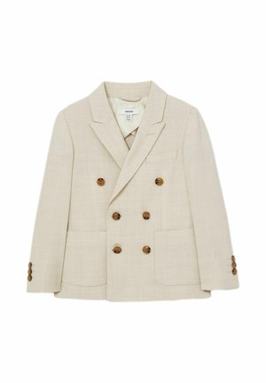 Beige dobbeltradet blazer med seks brune knapper, notch revers, to forlommer med lapper og knapdetaljer på manchetterne.