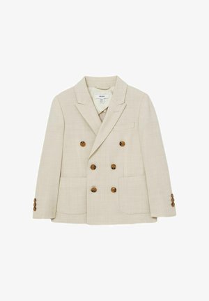 Beige dobbeltradet blazer med seks brune knapper, notch revers, to forlommer med lapper og knapdetaljer på manchetterne.