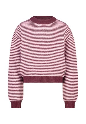 Pull rayé avec un col rond, présentant des rayures alternées de rose clair et de bordeaux, au design court et avec des poignets côtelés.