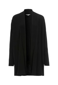 Schwarze offene Strickjacke mit gerippten langen Ärmeln und Kragen, lässiger Schnitt und midi-lange.