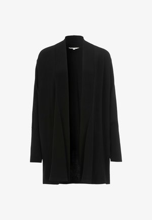 Zwarte open voorkardigan met geribde lange mouwen en kraag, losse pasvorm en lengte tot halverwege de dij.