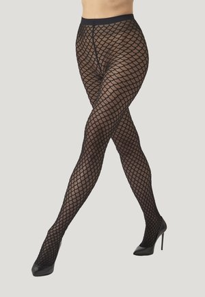 Schwarze Netzstrumpfhosen mit einem gewellten Muster, versehen mit einer matten Textur und einem Bund. Tragen sie mit schwarzen High-Heels.