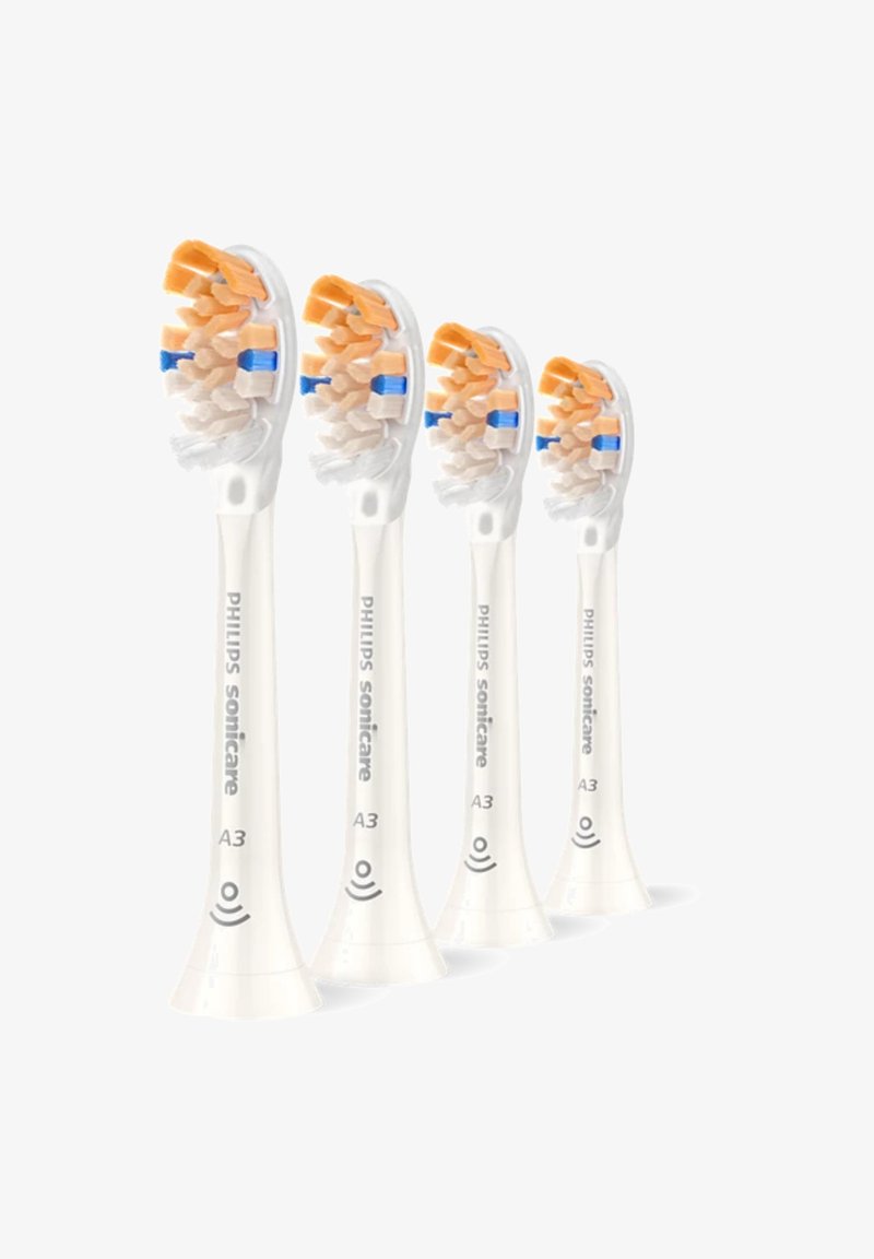 Têtes de brosse à dents de remplacement PHILIPS Sonicare A3, avec des poils doux en orange et blanc, un manche blanc et des accents bleus.