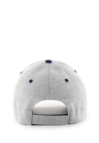 Gray fabric baseball cap with a navy button and accents. Features an adjustable strap and a curved brim. Textured material.