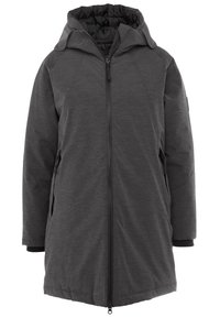 Parka aislante gris con capucha, cremallera frontal completa, dos bolsillos laterales y detalles en negro en los puños. Textura suave, de longitud hasta medio muslo.