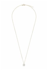 Goudkleurige ketting met een delicate ketting en een rechthoekige hanger versierd met een heldere, geslepen edelsteen.