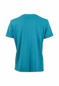 T-shirt in cotone verde acqua con collo girocollo, maniche corte e orlo dritto. Texture morbida e colore uniforme senza motivi visibili. Vista posteriore.
