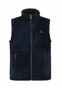 Marineblauwe mouwloze fleece vest met hoge kraag, voorzien van een rits aan de voorkant en twee zijzakken, met een merklogo op de borst.