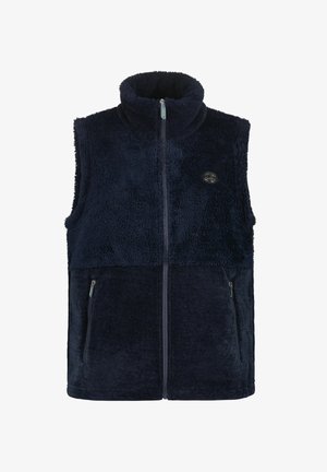 Gilet sans manches en polaire bleu marine avec col haut, doté d'une fermeture éclair sur le devant et de deux poches latérales, avec un logo de marque sur la poitrine.