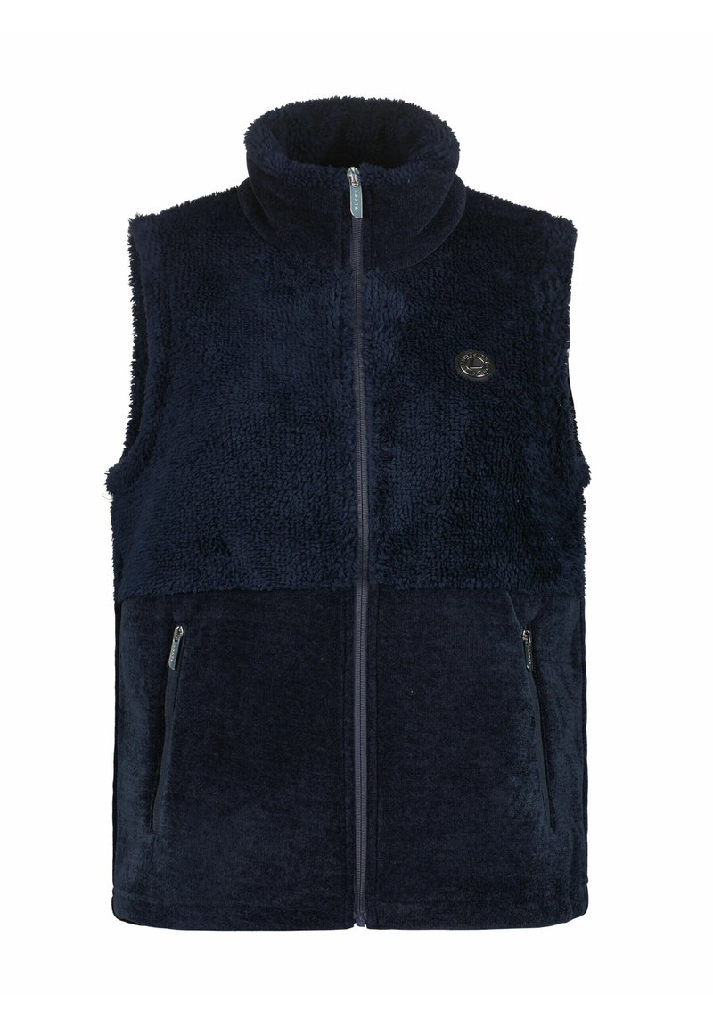 Marineblauwe mouwloze fleece vest met hoge kraag, voorzien van een rits aan de voorkant en twee zijzakken, met een merklogo op de borst.