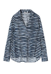 Maglietta a righe blu navy e bianca a maniche lunghe con scollatura a V, dotata di orlo elasticizzato e vestibilità rilassata. Tessuto morbido con una texture liscia.