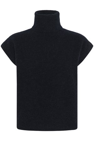 Černý bezrukávový pletený rolák s chlupatou texturou a rovný lem.