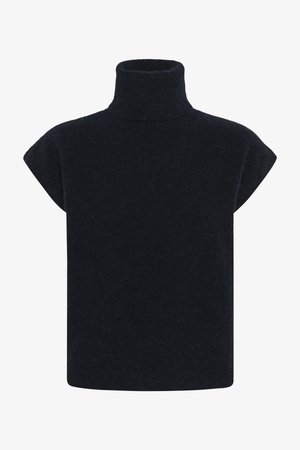 Must kooteta vilusärk, millel on kõrge soonikuga kaelus, karvane tekstuur ja sirge äär.