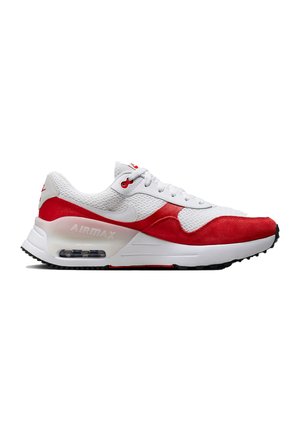 Rød og hvid sportsko lavet af mesh og ruskind, med en polstret sål, Air Max-logo og en synlig luftenhed i sålen.