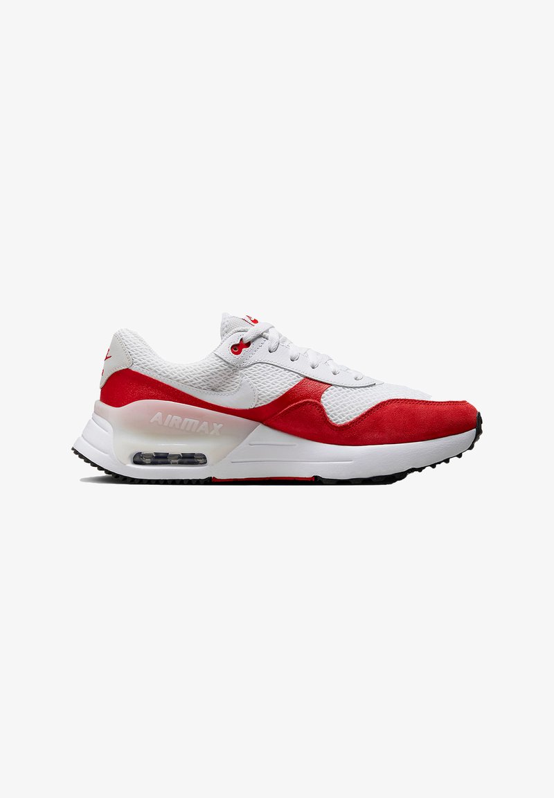 Sneaker atletico rosso e bianco realizzato in mesh e suede, con una suola ammortizzata, logo Air Max e un'unità d'aria visibile nella suola.