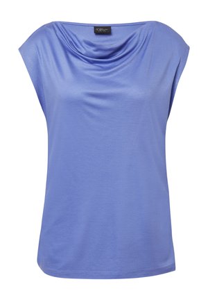 Top à encolure cowl, à manches courtes, en tissu violet clair, offrant une texture lisse et une coupe décontractée, avec un ourlet arrondi.