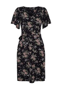 Vestido negro con estampado floral que presenta flores rosas y blancas, con mangas cortas, escote en V y un cinturón atado en la cintura. Textura de tela suave.