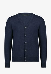 Cardigan azul marino hecho de tejido de punto suave, con escote en V, mangas largas y cierre de seis botones con detalles de botones en contraste.