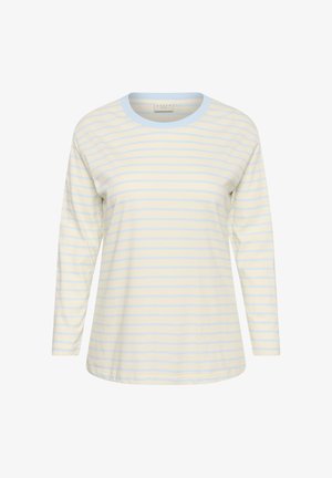 Haut crème à manches longues avec de fines rayures horizontales bleu clair et un col rond bleu clair.