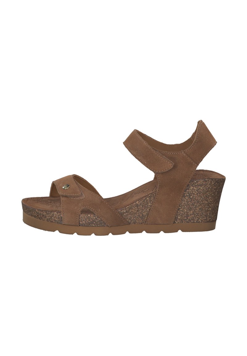 Braune Wildleder-Wedgesandale mit einer Korkplattform, die über verstellbare Riemen und ein Peeptoe-Design verfügt. Strukturierte Sohle für zusätzlichen Halt.