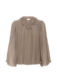 Taupe pleatsiga pluus pikkade läbipaistvate varrukatega, ruffled kaelus ja esine side detail.
