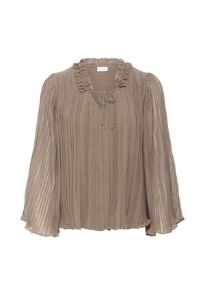 Taupe pleatsiga pluus pikkade läbipaistvate varrukatega, ruffled kaelus ja esine side detail.