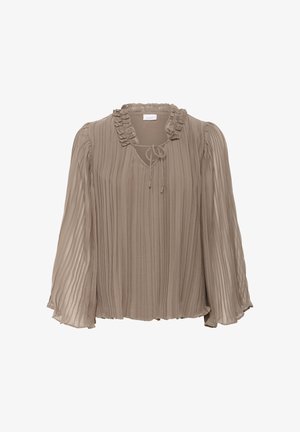 Blouse taupe plissée avec de longues manches transparents, un col froncé et un détail à nouer sur le devant.