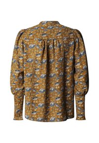 Blouse manches longues jaune moutarde avec motif floral bleu et blanc, empiècement froncé au dos et manches bouffantes avec poignets ajustés.