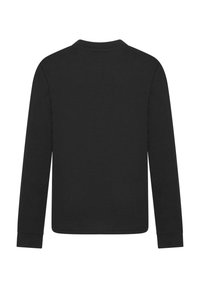 Schwarzes Langarmshirt aus weichem Stoff, mit rundem Halsauschnitt und schmalen Bündchen. Keine sichtbaren Muster oder Akzente.