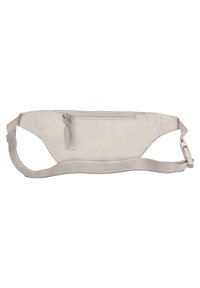 Světlá šedá látková ledvinka s přední kapsou na zip a nastavitelným popruhem s plastovou sponou.