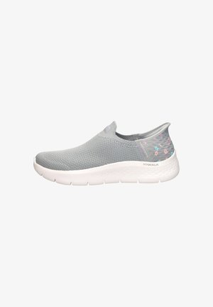 Gray mesh slip-on shoe with a textured upper, featuring floral accents in pink and purple, and a white cushioned sole.