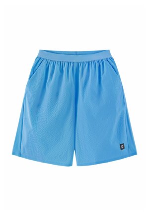 Jasnoniebieskie sportowe szorty z elastycznym paskiem w talii i kieszeniami bocznymi, z małą czarną metką z logo na dolnej prawej nogawce.