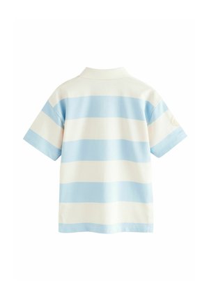 Korte mouw polo in crème met lichtblauwe horizontale strepen; heeft een klassieke kraag en een klein logo-accent op de mouw.