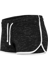 Černé atletické šortky s texturovaným designem, bílou šňůrkou na stažení a kontrastním bílým bočním lemem. Mají zaoblený lem pro snadný pohyb.