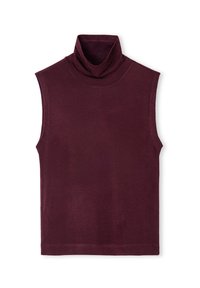 Bordeaux mouwloze coltrui met een zachte textuur, aansluitend ontwerp en hoge kraag. Naadloze randen en een gladde stof.