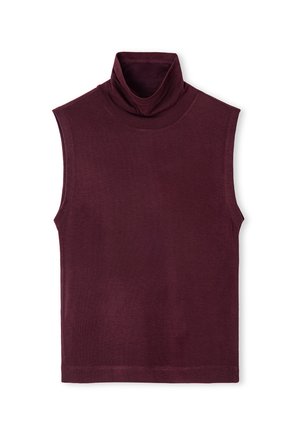 Burgunderfarbene ärmellose Rollkragenbluse mit weicher Textur, taillierter Passform und hohem Kragen. Nahtlose Kanten und glattes Gewebe.