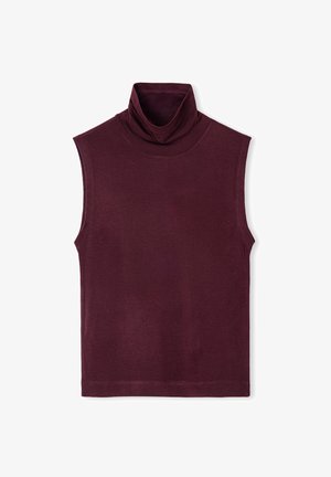 Burgunderfarbene ärmellose Rollkragenbluse mit weicher Textur, taillierter Passform und hohem Kragen. Nahtlose Kanten und glattes Gewebe.