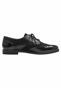 Černé formální boty s kombinací matelé a lesklé kůže, brogue detailem, šněrovacím designem a plochou gumovou podrážkou.