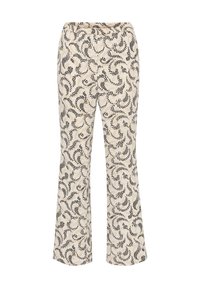 Uitlopende broek in een crèmekleur met een zwart en beige golvend bladerenpatroon. Gemaakt van lichtgewicht stof, met een elastische tailleband.