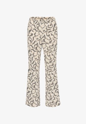 Pantaloni evazați de culoare crem, cu un model de frunze spirale negre și bej. Confectionați dintr-un material ușor, având un elastic la brâu.