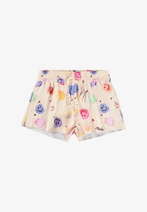 Pantaloncini da bagno beige chiaro con vita elasticizzata, decorati con un motivo di faccine sorridenti colorate e dettagli con coulisse. Nome del marchio "Molo" sull'orlo.
