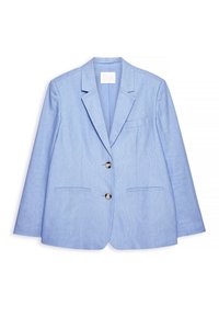 Ljusblå kavaj av slätt tyg, med en notched lapel, två framfickor och två knappar framtill.