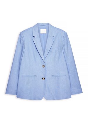 Hele sinine bleiser, mis on valmistatud siledast kangast, millel on sälgutatud krae, kaks esimist taskut ja kaks nööpi ees.