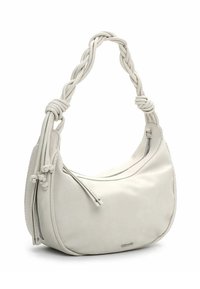 Sac à bandoulière en cuir blanc avec détails de poignées tressées et deux fermetures éclair. Forme arrondie et texture lisse. Détail discret du logo.