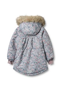 Parka z wzorem kwiatowym w jasnoszarym kolorze z różowymi i niebieskimi akcentami. Posiada kaptur podszyty sztucznym futrem oraz elastyczne mankiety na nadgarstkach.