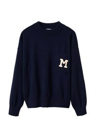Pull bleu marine foncé à manches longues avec poignets et ourlet côtelés, avec une petite poche avant portant une lettre M blanche sur la poitrine.