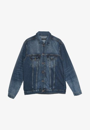 Blauwe denimjas met knoopsluiting, twee borstflapzakken, lange mouwen en klassieke kraag, met vervaagde wasdetails.