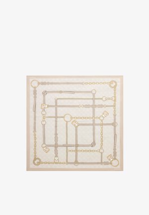 Zijden sjaal met een beige achtergrond, met gouden en tan paardbitkettingen, gespen en leren bandjes, gerangschikt in een vierkant patroon.