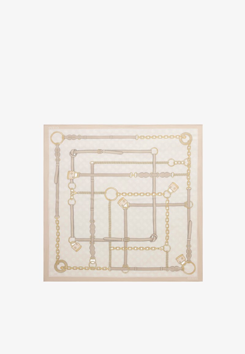 Foulard en soie avec un fond beige présentant des chaînes de mors de cheval, des boucles et des lanières en cuir dorées et marron, disposées en motif carré.